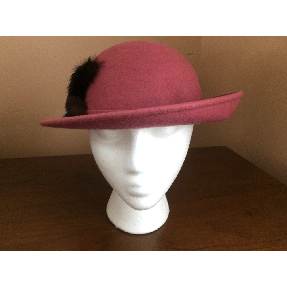Lancaster Pink Wool Felt Hat Made in USA Faux Fur Accent Vintage Style Cloche